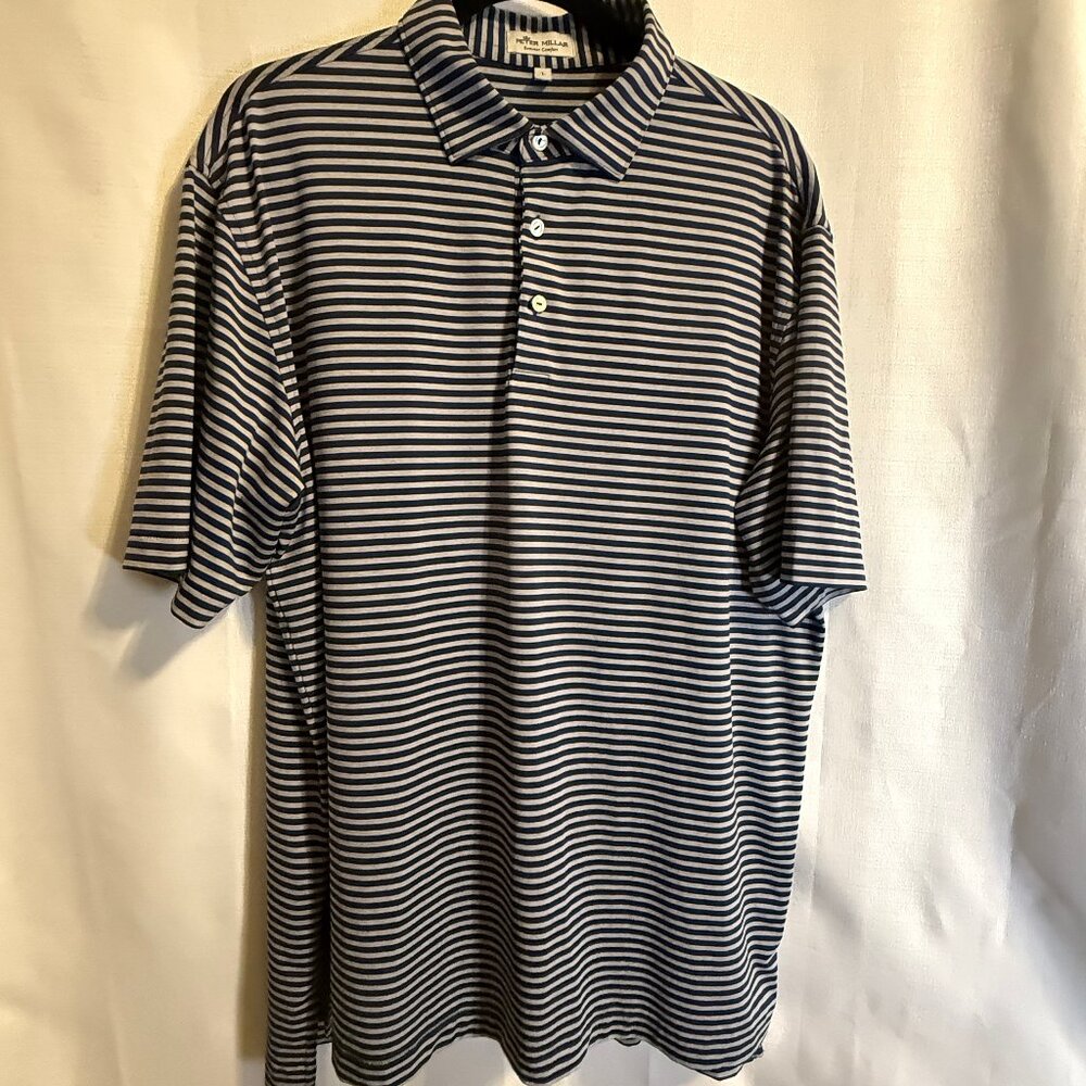 Peter Millar Summer Comfort Polo/ Large/ Grey w/Dk Blue Stripes Golf Activewear